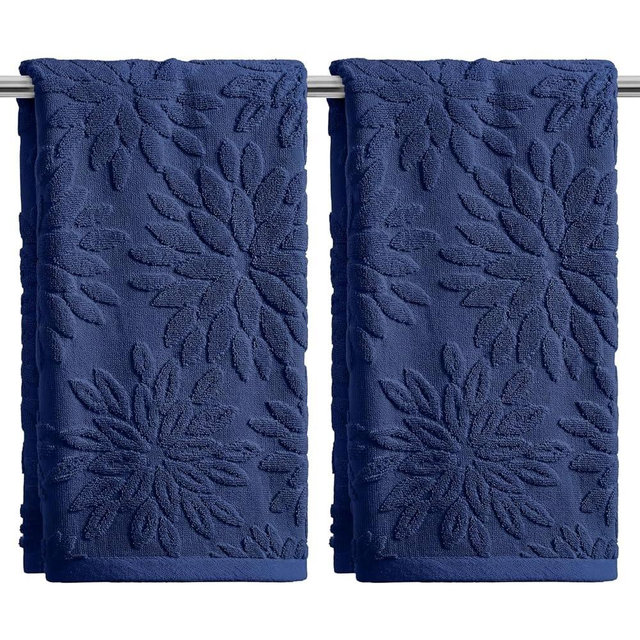 Artoid Mode 2 Pcs Navy Blue 3D Dahlia Floral Jacquard Hand Towels for Bathroom, Cotton Soft Absorbent Bathroom Decor Towels, 13.7 x 29.5 Inch
