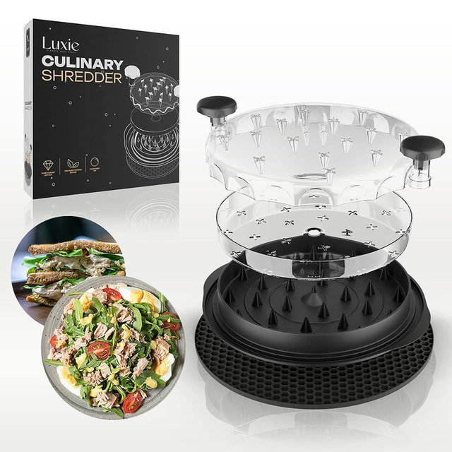 Luxie Chicken Shredder Tool Twist with See-Through Lid, Matt & Non-Slip Base, Manual Kitchen Grinder for Meat, Cheese & Veggies, Ergonomic Handle, BPA Free, Safe Chopping & Comfort Handle (Black)