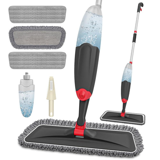 HOMTOYOU Microfiber Hardwood Floor Mop: Dust Spray Mops for Cleaning Wood Home Kitchen Floors - Wet Mopping & Dry Sweeping - 3 Reusable Refills & 1Pcs 400+ML Refillable Bottle