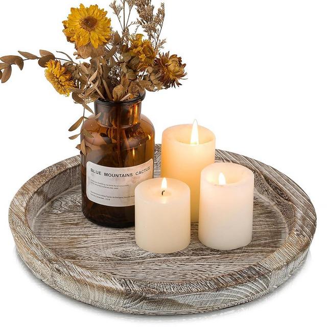Hanobe Candle Plate Holder Tray: Round Wooden Decorative Candle Plate Small Farmhouse Table Centerpiece Rustic Whitewash Wood Tealight Pillar Trays for Christmas Wedding Halloween Home Decor