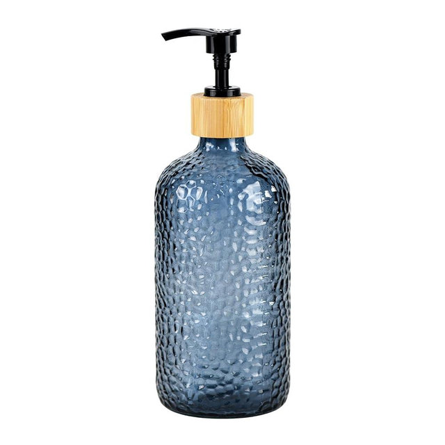 Hzxcuim 16 oz Glass Soap Dispenser with Bamboo Pump Head, Refillable Kitchen Bathroom Soap Dispenser for Hand Soap, Lotion (1, Blue)
