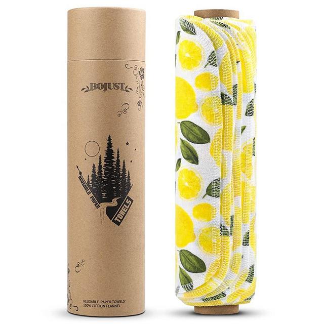 BOJUST Reusable Paper Towels Roll | 12 Eco Friendly Washable Cotton Flannel Towels w/ Cardboard Roll | Napkins Cloth Washable Reusable Paper Towel Roll, Paperless Paper Towels (Lemon, 12 Towels)