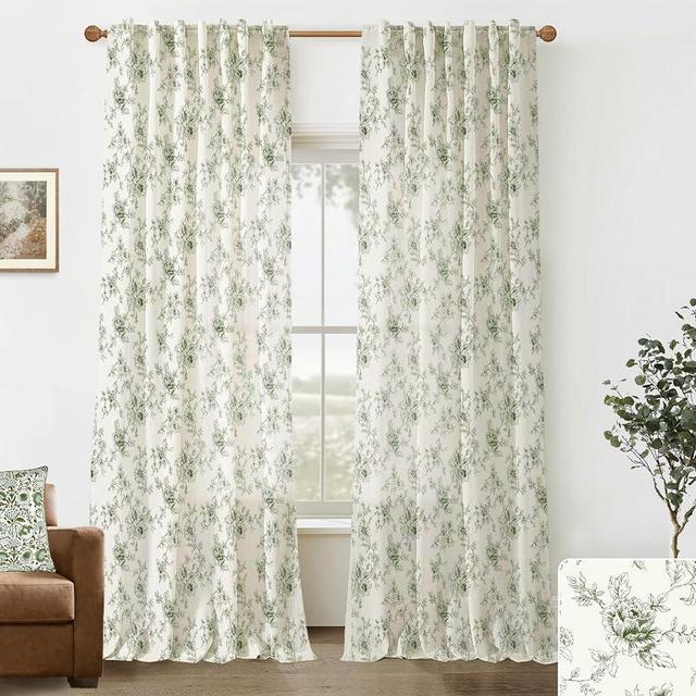 Olive Green Curtains for Dining Room,Pattern European Floral Linen Toile Dark Moody Sheer Pleat French Country Curtains for Living Room Bedroom 84 Inch Length 2 Panels Set