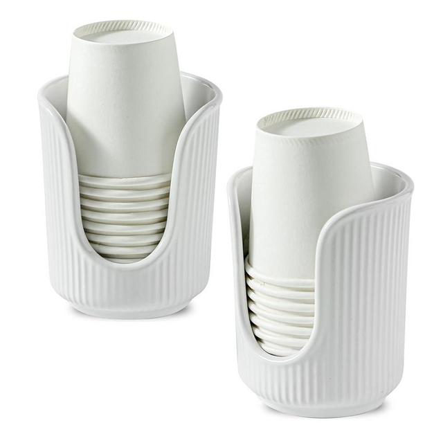 Dobbyby Ceramic Bathroom Cup Dispenser with Stylish Vertical Stripes - Disposable Mouthwash Cup Holder Holds 3-4oz Paper Cups for Rinsing Cups on Bathroom Vanity Countertops (White-White-2 Pack)