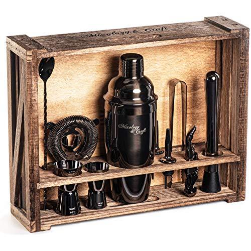 Mixology Bartender Kit: 11-Piece Black Bar Set Cocktail Shaker Set with Rustic Wood Stand | Perfect Home Bartending Kit with Gun Metal Bar Tools and Martini Shaker for Foolproof Drink Mixing