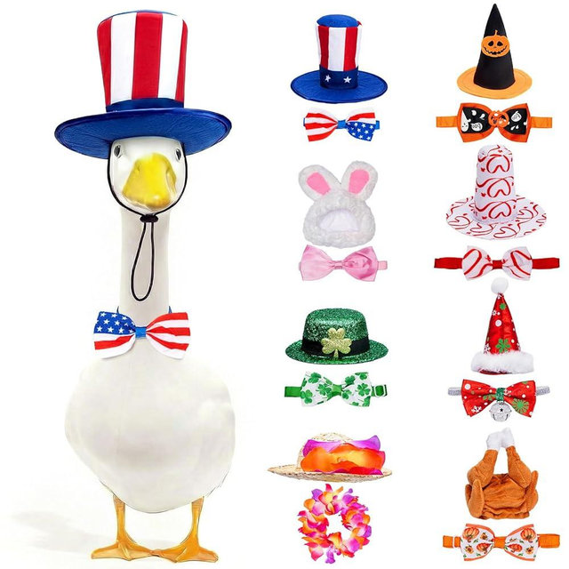8 Set Holiday Porch Goose Outfits for 17/23" Plastic Lawn Goose - 4th of July, Valentines, St. Patricks, Easter, Summer Clothes - Patio Yard Garden Decor with Hat and Bow Tie