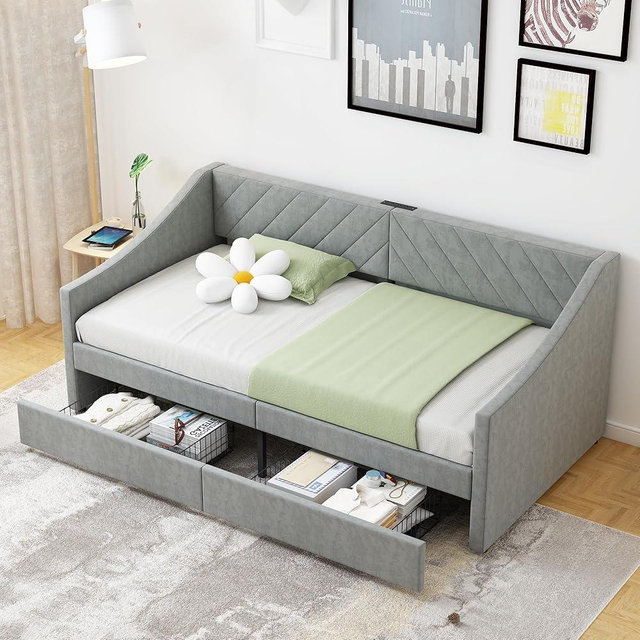 Arhomefurni Twin Daybed with Upholstered Headboard and Charging Station, Daybed with Trundle, Sofa Day Bed with Strong Supports for Living Room, Bedroom and Guest Room (Grey)