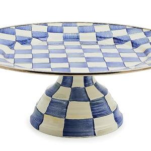 MACKENZIE-CHILDS Enamel Pedestal Platter, Round Cake Stand, Large, Blue-and-White Royal Check