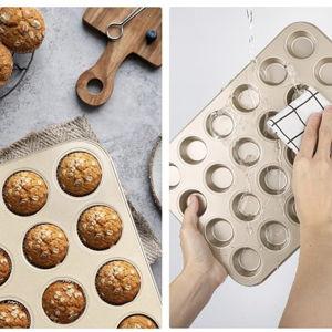 Beasea Mini Muffin Pan 24 Cups Nonstick, 1 Pack 24 Mini Small Cup Non Stick Muffin Baking Pan Tin Tray Carbon Steel Bakeware Individual Cupcake Baking Pan - Gold