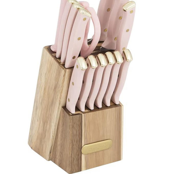 Farberware 15-Piece Triple Riveted Acacia Knife Block Set, High Carbon-Stainless Steel Kitchen Knives with Ergonomic Handles, Razor-Sharp Knife Set, Pink and Gold