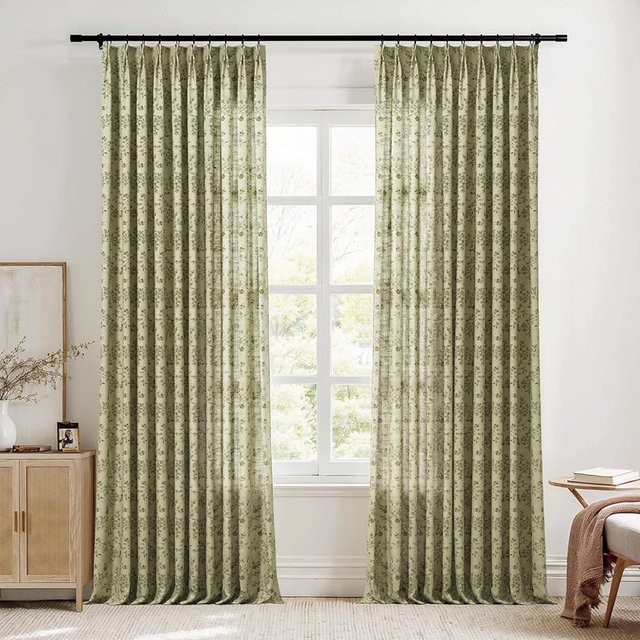 TWOPAGES Pinch Pleat Floral Curtain 108 Inch Long Light Filtering Privacy Drape Linen Textured Printed Curtain for Living Room Bedroom (Vintage Linen, 26W x 108L Inches, 1 Panel)