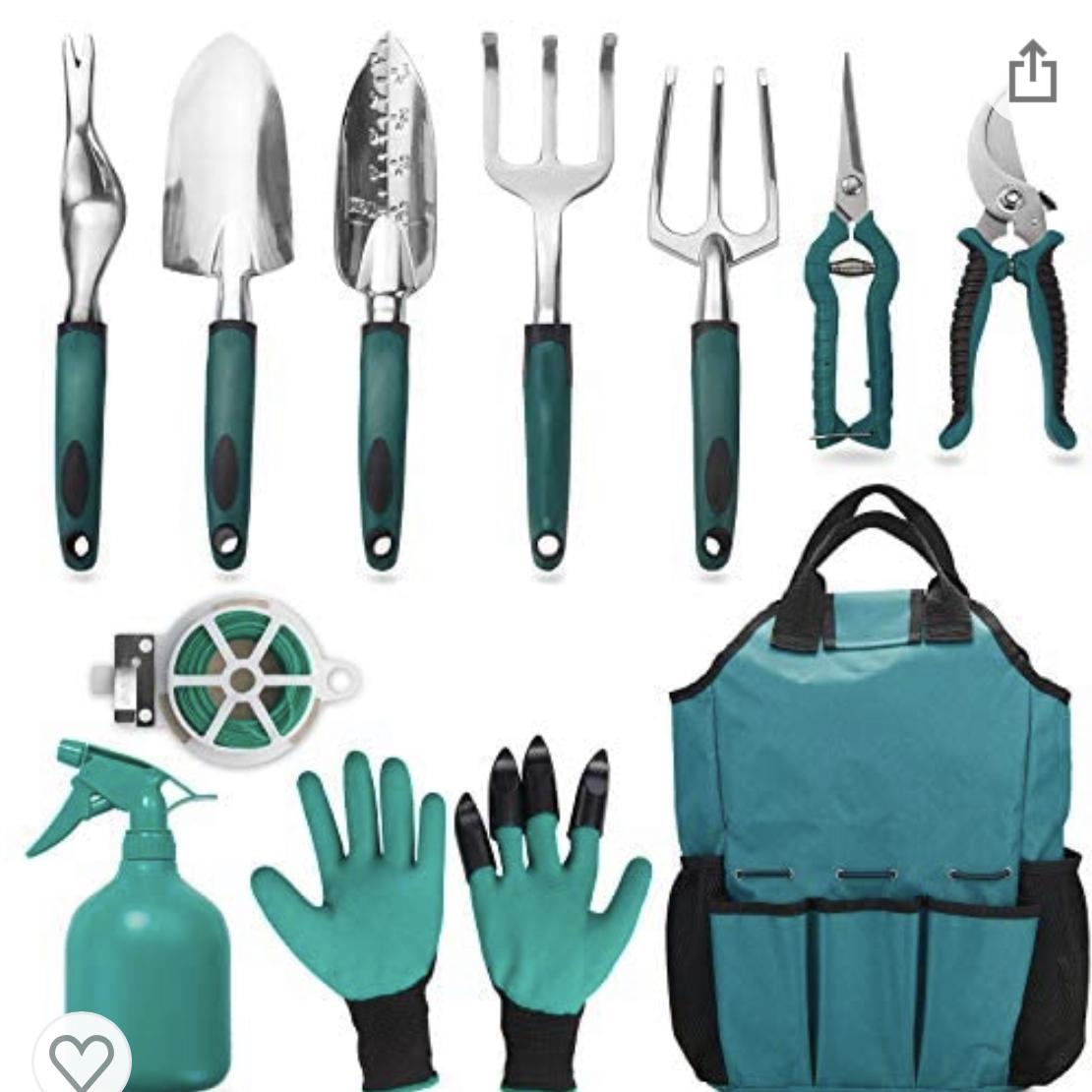 FiveJoy Garden Tool Set, 11 Piece Aluminum Alloy Steel Hand Tool Starter Kit with Garden Bag, Outdoor Tool, Heavy Duty Gardening Work Set with Ergonomic Handle, Gardening Tools for Women and Men