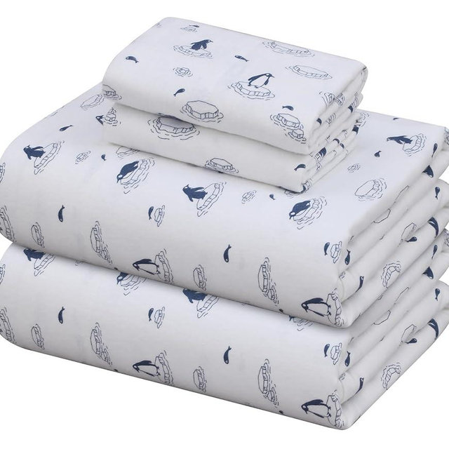 ZOYER Flannel Sheets Queen Size - 100% Cotton Double Brushed Bed Sheets, Deep Pockets 16 Inches Queen Sheet Set, All Seasons Breathable & Extra Soft - Warm & Cozy, 4 Piece, Penguin Edge