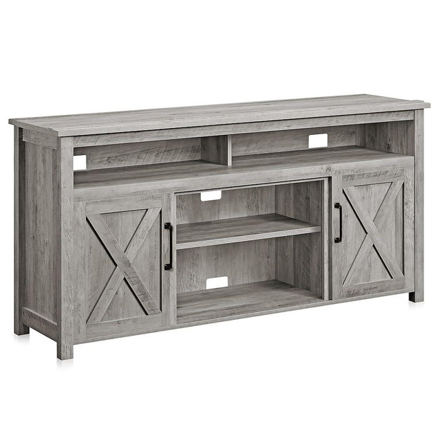BELLEZE Modern 58 Inch Barn Door Wood TV Stand & Media Entertainment Center Console Table for TVs up to 65 Inches with Two Open Shelves and Cabinets - Corin (Gray Wash)