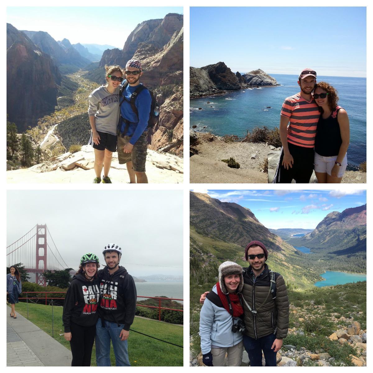 Beginning at the top left and counterclockwise: Trip to Zion National Park 2013; drive along the California coast 2014; biking on the Golden Gate Bridge 2014; and hiking in Glacier National Park 2016