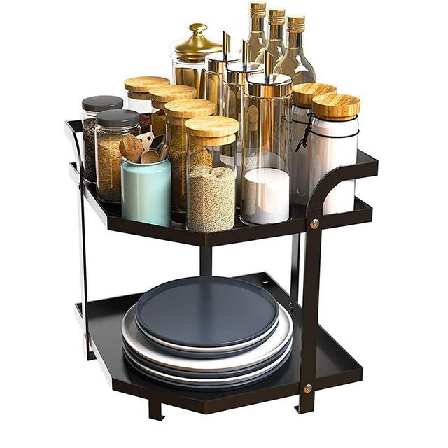 Simple rural 2-Tier Kitchen Counter Spice Rack Corner Shelf Cabinet Pantry Organizer, Plate Shelf, Spice Rack, Dish Rack, Kitchen Utensils, Heavy Duty Under Sink, Black
