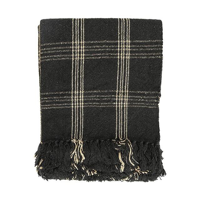 Creative Co-op DF3609 Plaid Black & Tan Fringed Woven Cotton Blend Throw, Black