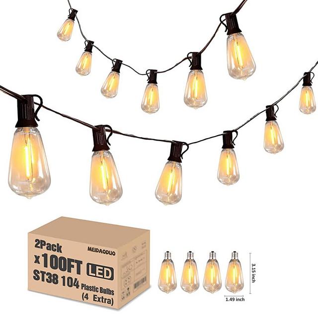 200FT Outdoor Edison String Lights for Outside LED Waterproof 2200K Patio Lights with 104 ST38 Shatterproof Plastic Bulbs Soft Warm Bistro Lights Connectable for Gazebo Pergola 2Pack x 100FT