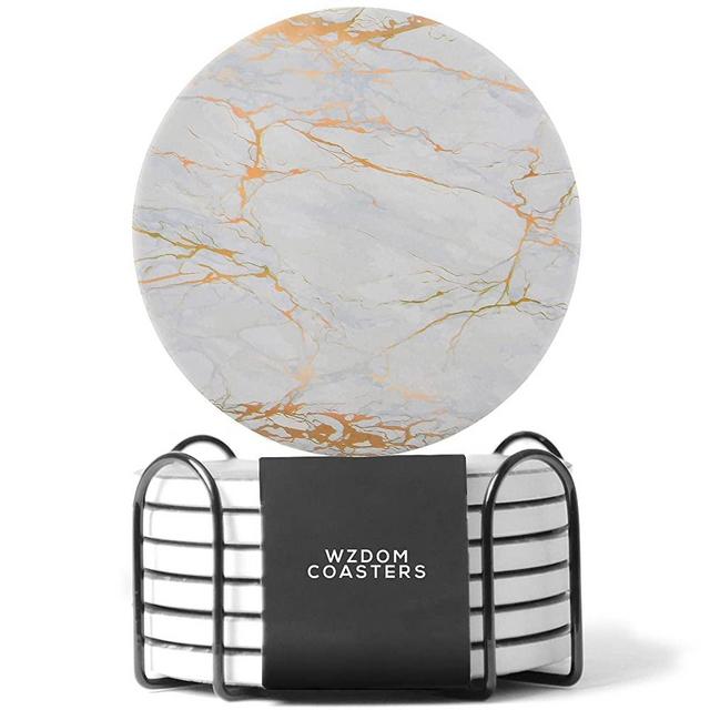 WZDOM Coasters for Drinks Absorbent with Holder - Ceramic Stone - Drink Coasters with Cork Base - Absorbent Coaster Set - Housewarming Gift - Set of 6 White Coasters
