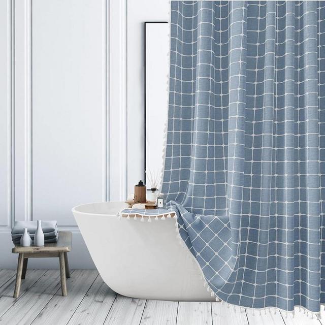 Blue Checkered Shower Curtains Farmhouse Striped Patchwork Neutral Shower Curtains for Bathroom Rustic Heavy Duty Bathroom Curtain Set with Tassel Bohemian Solid Cloth Shower Curtain 72x84 Inch