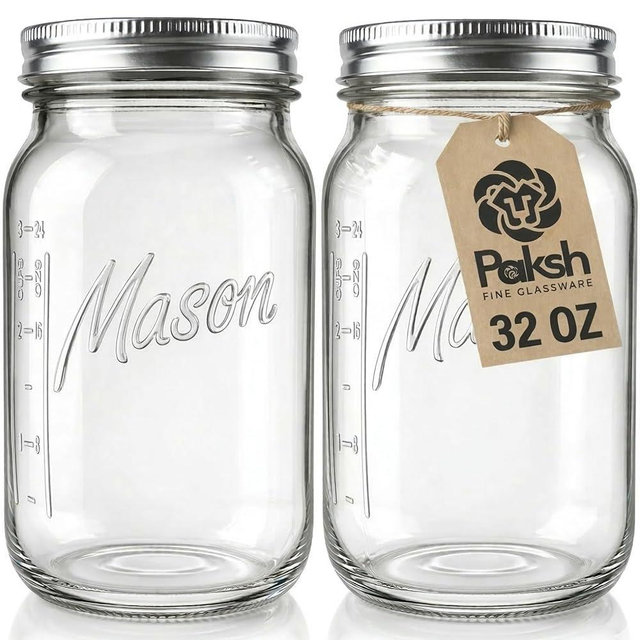 Paksh Novelty Wide Mouth Mason Jars With Lids 32 oz – Glass Quart Mason Canning Jars, Large Mason Jar Wide Mouth for Canning, Pickling, Jelly Preserving & Meal Prep, 2-Pack