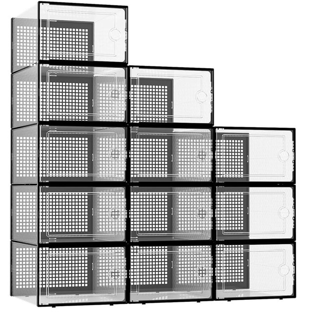 Kuject XX-Large Shoe Storage Boxes Organizers Clear Plastic Stackable 12 Pack, Shoe Rack & Holder Substitute, Sneaker Containers, Toy Storage Organizer Bins for Entryway, Closet, Under Bed, Black