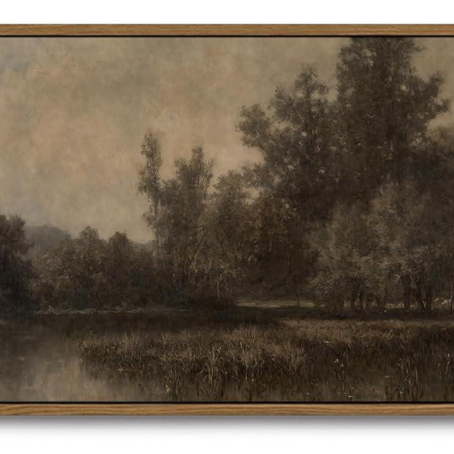 KISSFOX Vintage Framed Wall Art Moody Forest Lake Canvas Art Prints Rustic Farmhouse Fall Landscape Pictures Wall Decor Cottagecore Antique Paintings Artwork For Kitchen Bedroom Living Room Bathroom
