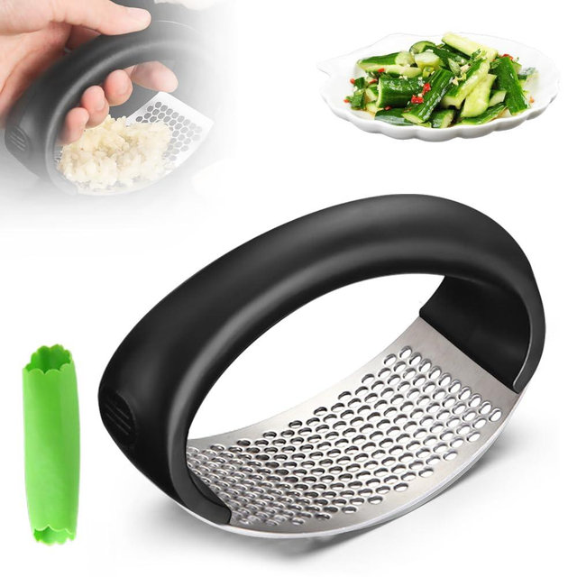 hoehew Stainless Steel Garlic Presser, 2024 NEW Garlic Press Rocker, Mincer Garlic Crusher with Peeler, Wide Handle Innovative Garlic Chopper Mincer Crusher Grinder Masher (1pc black)