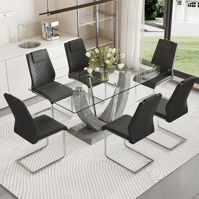 JEARGE Glass Dining Table Set for 6, 7 PCS Kitchen Table Set with 6 Chairs,71" Tempered Glass Tabletop with Upholstered Chairs, Suitable for Dining Room and Kitchen