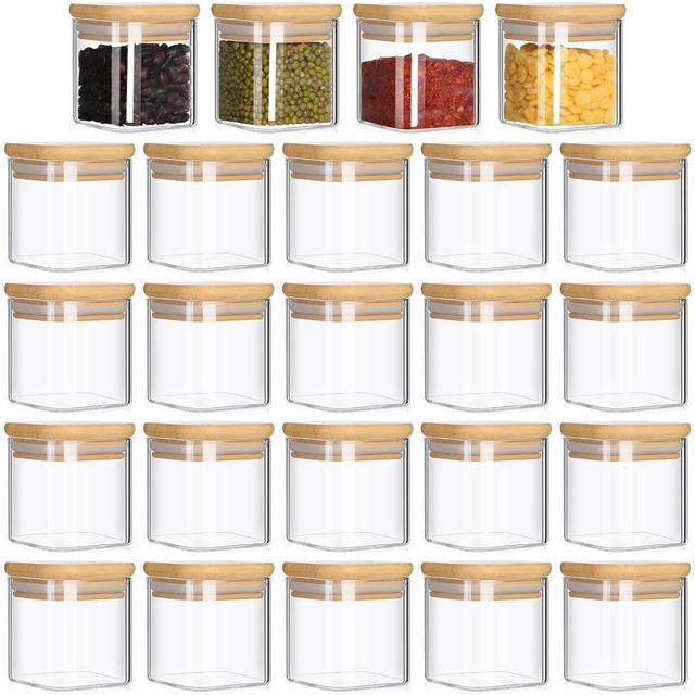 Nuenen Set of 24 Airtight Square Spice Containers 4 oz Glass Spice Jars with Bamboo Lid Small Seasoning Jars Empty Food Storage Containers for Pantry Clear Food Canisters for Kitchen Sugar Coffee