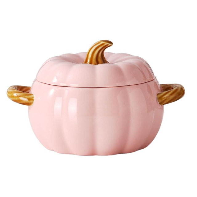 FTNESGYM Pumpkin Soup Bowl, 64oz Ceramic Pumpkin Pot Microwave & Dishwasher Safe Casserole Dish with Lid, Dutch Oven Pot Stockpot Cookware for Home Thanksgiving Halloween Party (Pink)