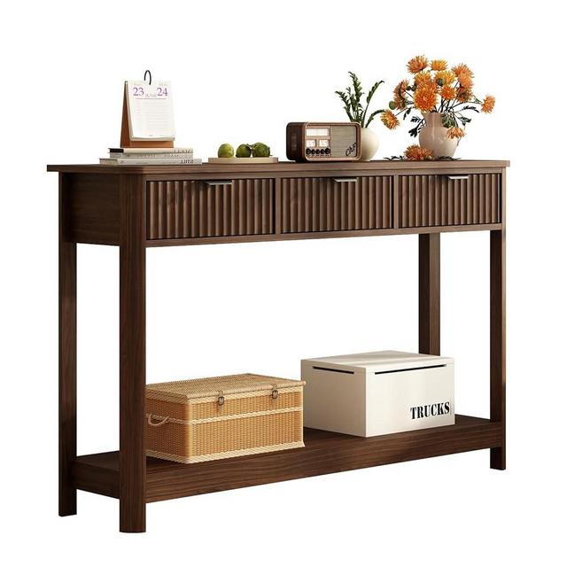 RUSTOWN Fluted Wood Console Table with 3 Drawers, Boho Narrow Behind Couch Entryway Table with Open Storage Shelf, Modern Sofa Table for Living Room, Foyer and Hallway (Dark Walnut)