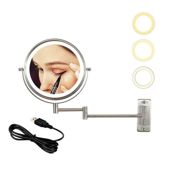Lighted Magnifying Mirror, 10X Wall Mounted Makeup Mirror 8 Inch with 3 Color Modes, Dimmable Touch Screen, USB Charge, Extendable Double Sided Vanity Mirror, Nickel Finish.