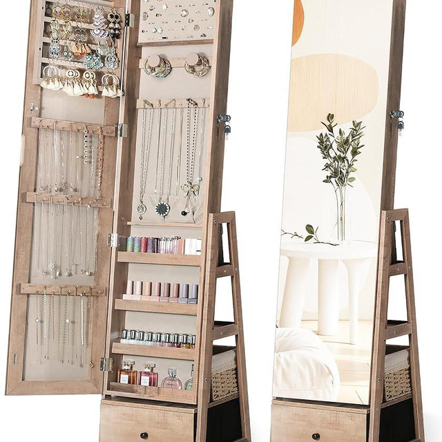 Nicetree 360°Swivel Jewelry Cabinet, Rotatable Full Length Mirror with Jewelry Storage, Standing Jewelry Armoire Organizer, Lockable Jewelry Organizer with 3 Rear Shelves, Bottom Drawer, Oak