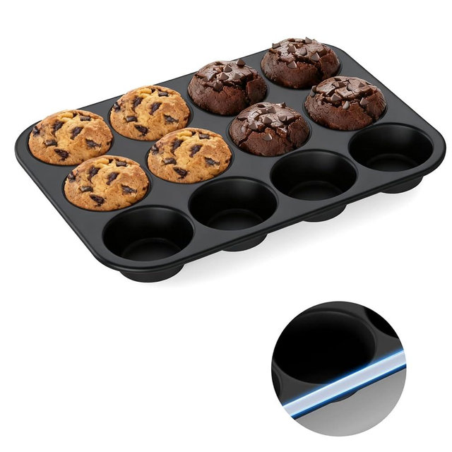 Silicone Muffin Pan for Baking: 12 Cup Muffin Pan with Metal Reinforced Frame, Regular Size Cupcake Egg Bites Molds for Baking, BPA Free Silicone Muffin Tray, Dishwasher Safe (1 Pack, Black)