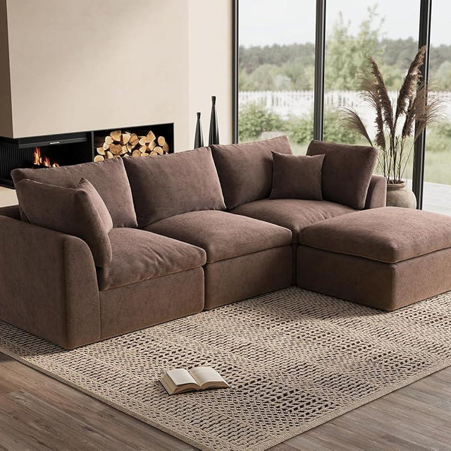 ohllob 110" Cloud Sectional Couches for Living Room, Boneless L-Shape Couch with Ottoman, 3 Seater Modular Sectional Sofa, Brown