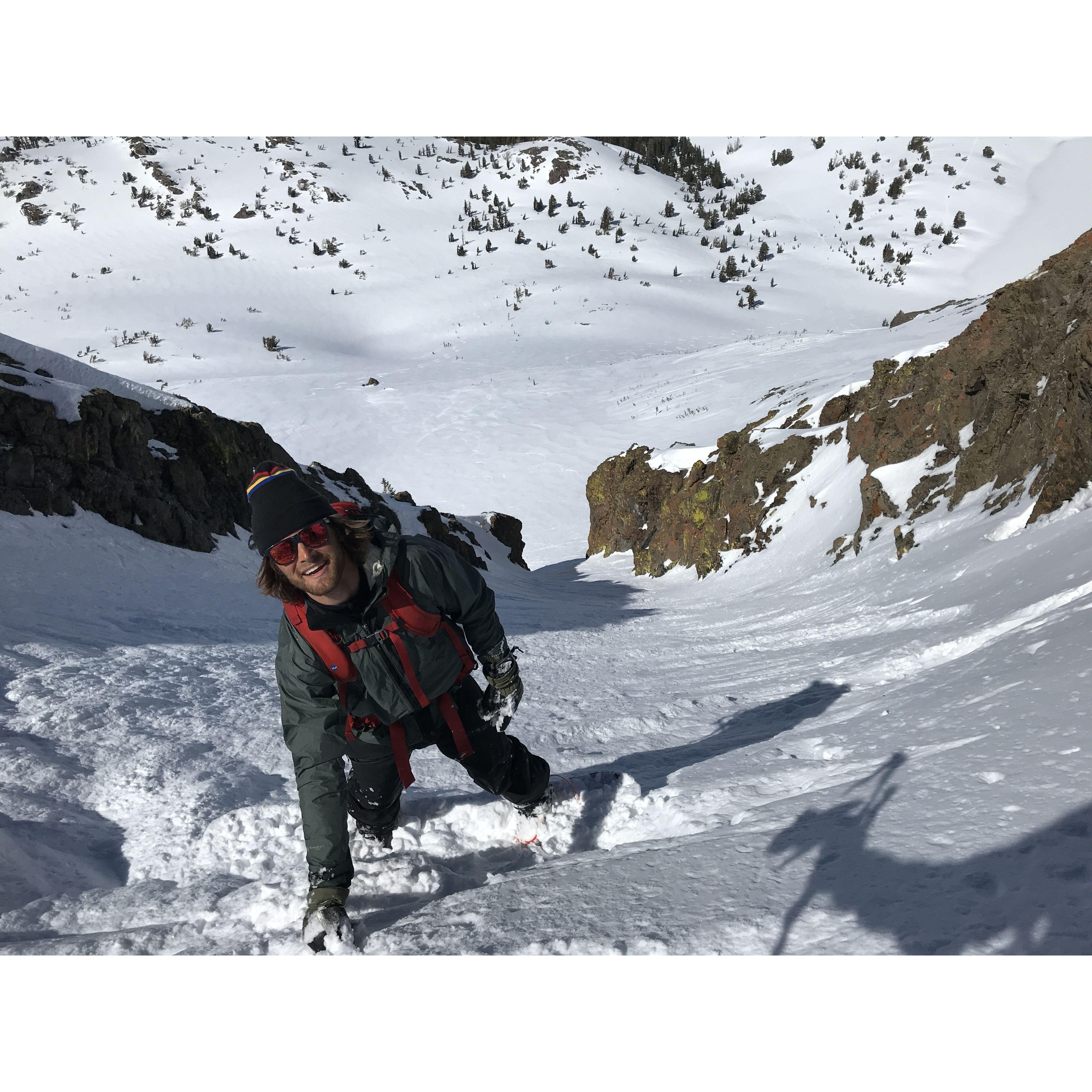 Casually doing the best looking line in the area... It turned out to be much steeper than we thought! Crescent Couloir. Which Is right above where we will be getting married!