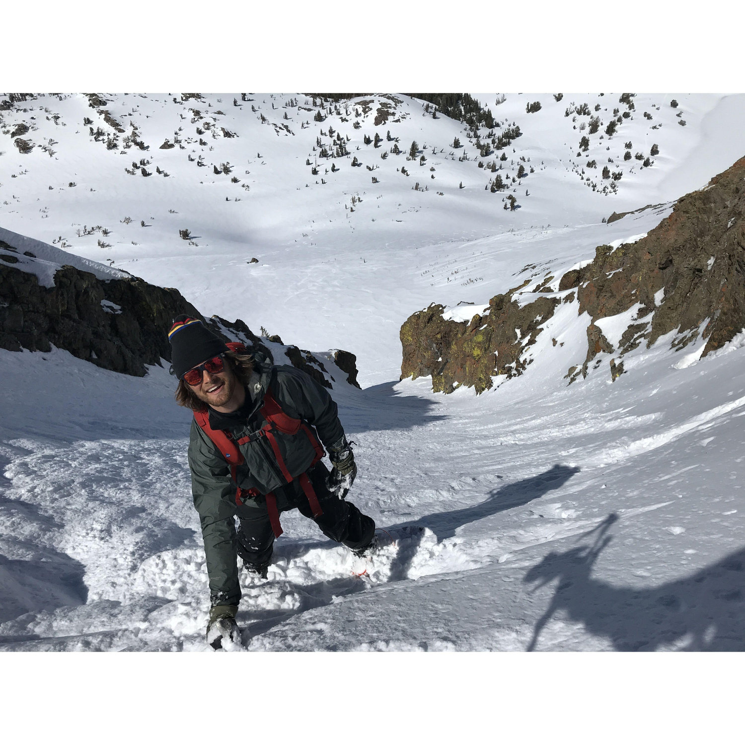 Casually doing the best looking line in the area... It turned out to be much steeper than we thought! Crescent Couloir. Which Is right above where we will be getting married!