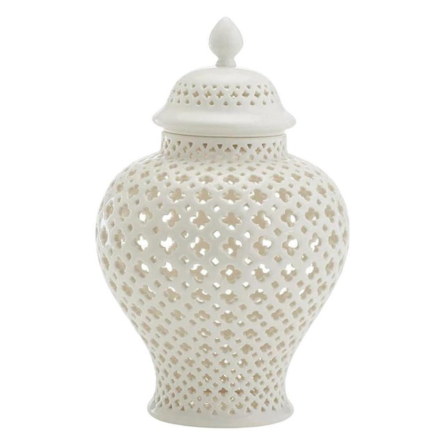 Homyl Traditional Pierced Ginger Jar with Lid, Carved Lattice Decorative Temple Jar Ceramic Ginger Jars for Home Decor , white
