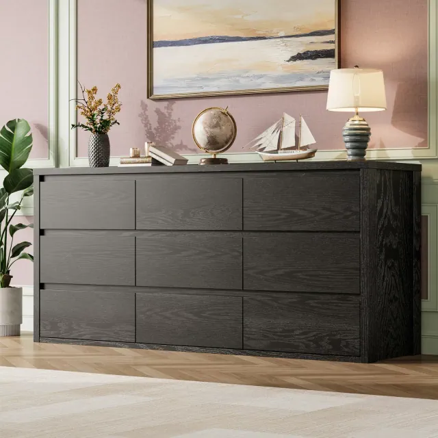 9 Drawer Dresser for Bedroom, Wide Modern Chest of Drawers, Large Wood Dresser Wooden Storage Organizer for Living Room, Hallway,Black