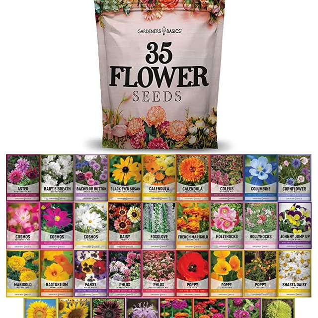 Flower Seeds Packets for Planting 35 Individual Varieties Perennial, Annual, Wildflower Seeds for Planting Outdoors for Bees and Butterflies - Semillas de Flores Hermosas by Gardeners Basics.