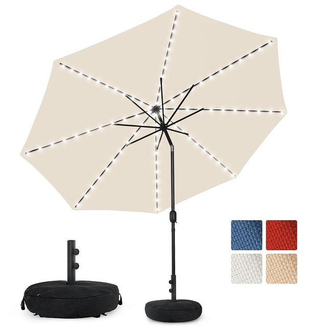 Sundale Outdoor Olefin 5-Year-Non-Fading Solar 88 LED 10FT Solar Patio Umbrella with Sand Bag Base, Outdoor Umbrella with Tilt and Crank, Beige