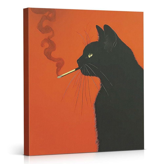 YJIKRTVT Cool Black Cat Wall Art, Retro Minimalist Black Cat Smoking Poster Art, Retro Whimsical Printing Artwork, Funny Animal Wall Decor for Bar Living Room Office 8 x 10 Inches