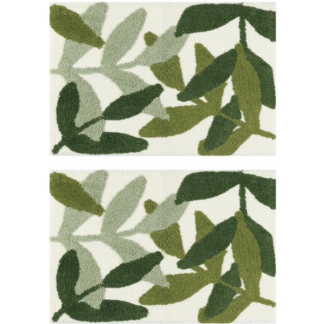 Unique Bargains Soft Non-Slip Microfiber Plush & Fluffy Reversible Quick Dry Bathroom Mats Set 2 Pcs Leaf-1 18" x 26"