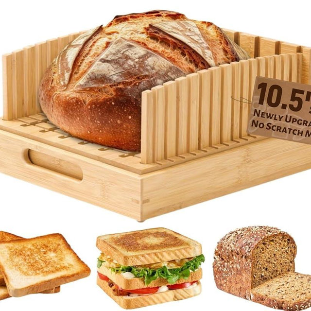 LukieBoee Bread Slicer for Homemade & Sourdough Loaves – 10.5″ Adjustable Bamboo Bread Cutter, Upgraded Scratch-Free Surface, Perfect for Artisan & Homemade Bread
