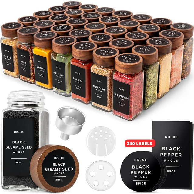 EDELHAUS Square Spice Jars with Acacia Wooden Lid (Pack of 36) Spice Jars with Shaker Insert and 240 White Labels - Acacia Lid Glass Container for Spice Organisation [4.3 in × 1.8 in]