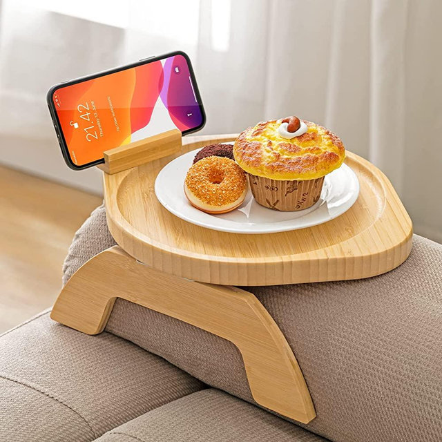 Bamboo Sofa Tray Table Clip on Side Table Couch Arm with 360° Rotating Phone Holder, Couch Tray for Arm, Sofa Table for Eating/Drinks/Snacks/Remote/Control (Circle)