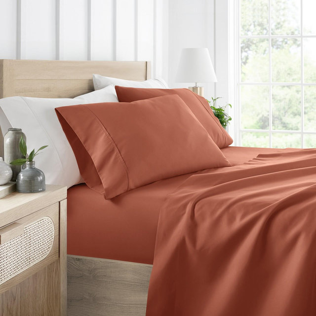 4 Piece Bed Sheet Set Solid Double Brushed Microfiber, Ultra Soft - Becky Cameron, Clay Brown, King