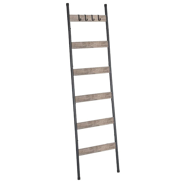HOOBRO Blanket Ladder, 6-Tier Towel Rack with Hooks, Wall-Leaning Blanket Rack, Decorative Display Ladder Shelf, Scarves, Industrial, Living Room, Bedroom, Black and Greige BG66CJ01