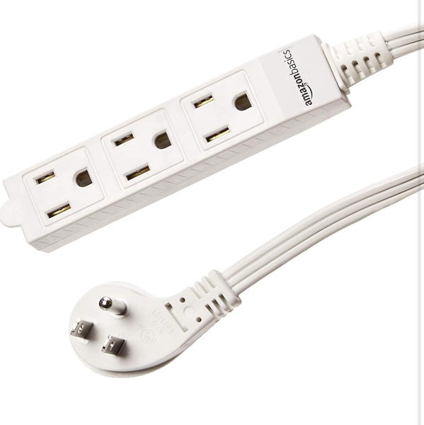 Amazon Basics 3-Prong Indoor Rectangle Extension Cord Power Strip, Flat Plug, Space-Saving, Grounded, 13 Amps, 1625 Watts, 125 VAC, 6 ft, White, 2-Pack